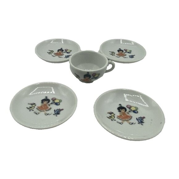 MCM Mini Cup Saucers Little Girl Balloons Birds Mid Century Modern Japan Kuwaii - Picture 1 of 13
